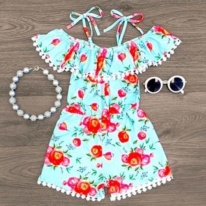 Blue Floral Pom Pom Romper